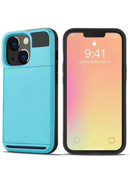 Tpu+Pc Hibrit Telefon Kılıfı Koruyucu Kapaklı Kayar Kart Tutucu iPhone 13 Pro Max 6.7 Inç-Gök Mavisi (Yurt Dışından)