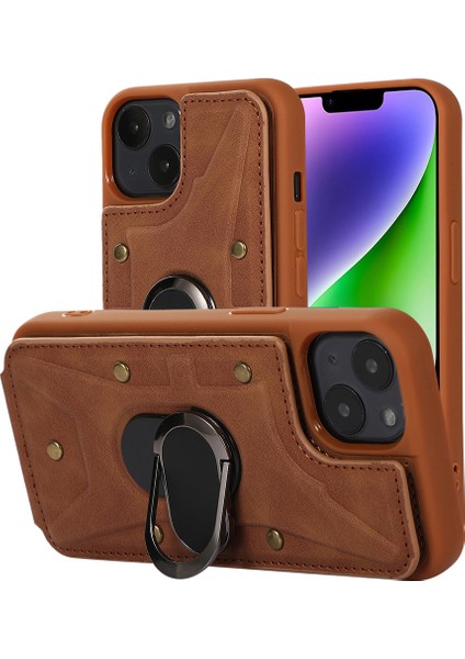 iPhone 13/14 6.1 Inç Kart Çantası Tasarımı Çarpışmaya Dayanıklı Cilt Dokunuşlu Pu Deri Kaplamalı Tpu Arka Kılıf Manyetik Halka Destekli-Kahverengi (Yurt Dışından)