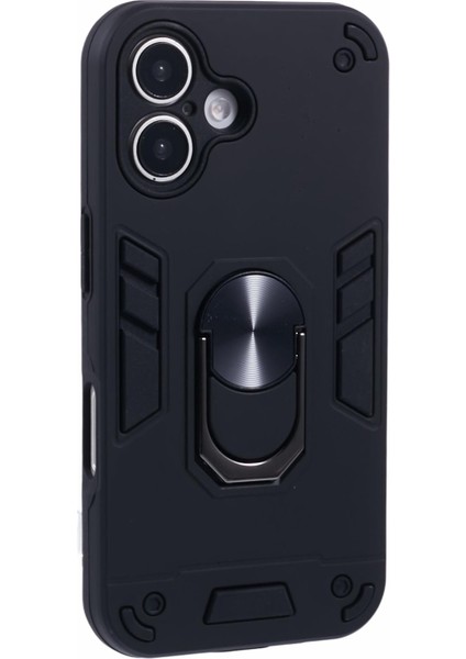 iPhone 16 Plus Kılıf Pc+Tpu Drop Defend Telefon Kılıfı Halkalı Ayaklı-Siyah (Yurt Dışından)
