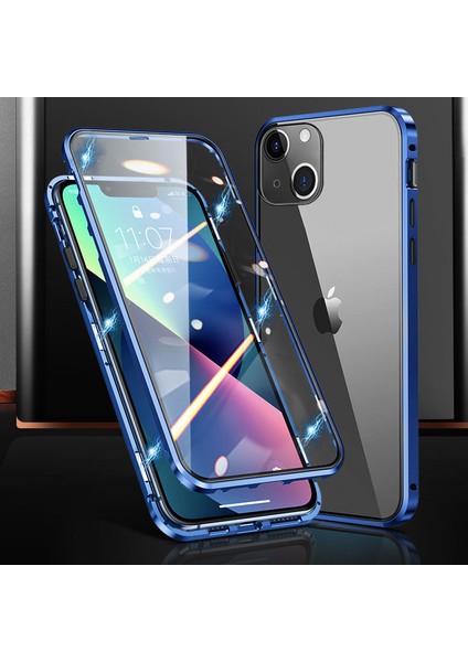 iPhone 15 Plus Için Telefon Kılıfı Manyetik Adsorpsiyon Metal Çerçeve + Çift Taraflı Temperli Cam Şeffaf Telefon Kılıfı - Mavi (Yurt Dışından)