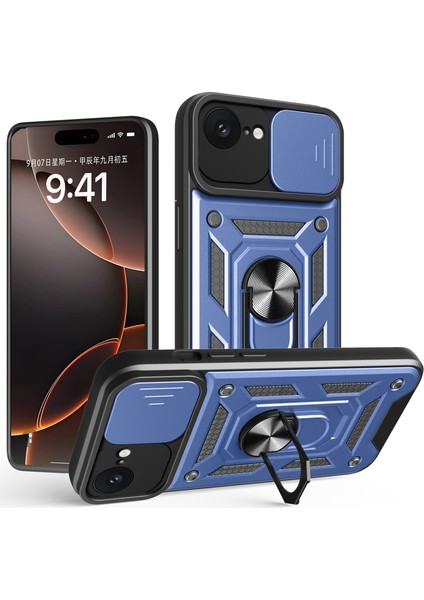 iPhone 16E Kılıfı Için Kayar Kamera Kapağı Pc+Tpu Destekli Telefon Kılıfı-Mavi (Yurt Dışından)