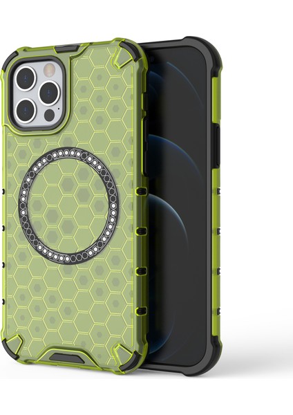 iPhone 12 Pro Max Manyetik Kılıf 4 Köşe Darbeye Dayanıklı Hava Yastığı Petek Tpu+Pc Kapak-Yeşil (Yurt Dışından)