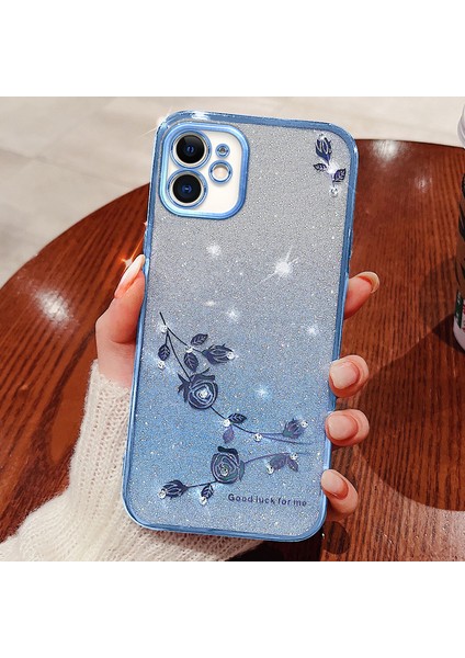 Kadem Degrade Simli Toz Tpu Kılıf iPhone 12 6.1 Inç, Yapay Elmas Dekor Çiçek Desenli Düşmeye Karşı Koruyucu Kılıf-Mavi (Yurt Dışından)