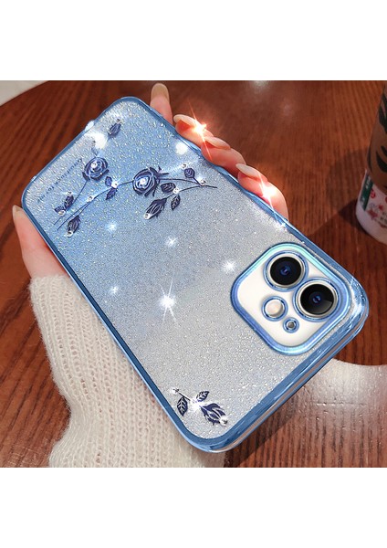 Kadem Degrade Simli Toz Tpu Kılıf iPhone 12 6.1 Inç, Yapay Elmas Dekor Çiçek Desenli Düşmeye Karşı Koruyucu Kılıf-Mavi (Yurt Dışından) modelleri