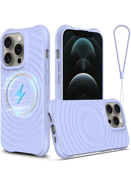 iPhone 12 Pro Max Manyetik Kılıf Darbeye Dayanıklı Sıvı Silikon Telefon Kılıfı Su Dalgası Dokusu-Mor (Yurt Dışından)