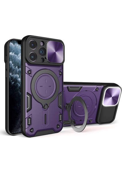 iPhone 11 Pro Döndürülebilir Kickstand Koruyucu Kılıf Pc+Tpu Telefon Kılıfı Kayar Kamera Kapağı-Mor (Yurt Dışından)