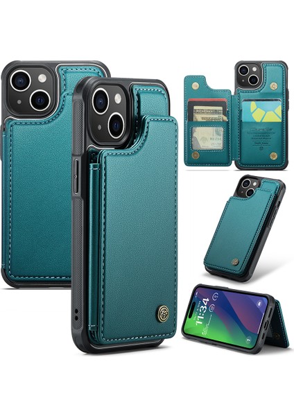 iPhone 15 Telefon Kılıfı Caseme C22 Deri Arka Kapak Rfıd Engelleme Kart Yuvaları Ile-Yeşil (Yurt Dışından)