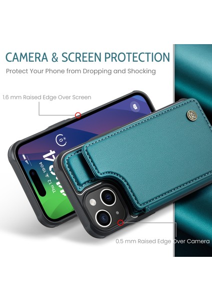 iPhone 15 Telefon Kılıfı Caseme C22 Deri Arka Kapak Rfıd Engelleme Kart Yuvaları Ile-Yeşil (Yurt Dışından) indirimleri