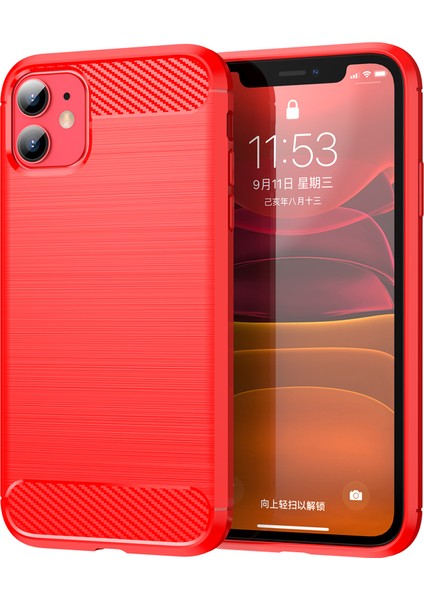 1.8mm Karbon Fiber Fırçalanmış Doku Darbe Tamponu Tpu Arka Kılıf Cep Telefonu Kılıfı iPhone 11 6.1 Inç-Kırmızı (Yurt Dışından)