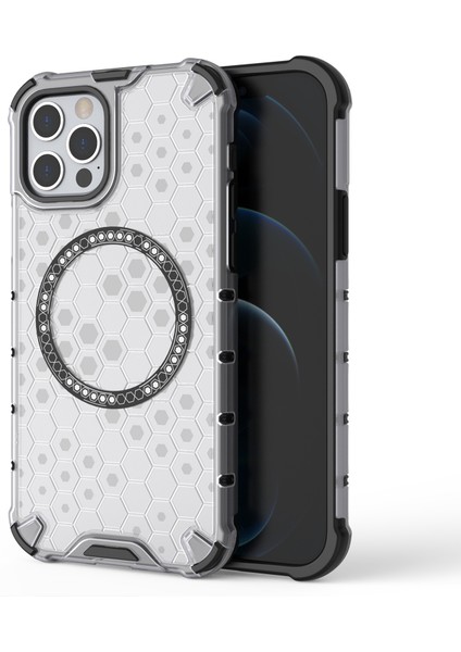 iPhone 12 Pro Max Manyetik Kılıf 4 Köşe Darbeye Dayanıklı Hava Yastığı Petek Tpu+Pc Kapak-Şeffaf (Yurt Dışından)