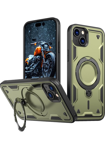 iPhone 15 Plus Kılıf Için Magsafe Askeri Koruma Pc+Tpu Kickstand Telefon Kılıfı ile Uyumlu-Zeytin Yeşili (Yurt Dışından)