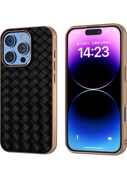 iPhone 16 Pro Kılıf Dokuma Dokulu Galvanik Kenar Deri Kaplamalı Pc+Tpu Telefon Kılıfı-Siyah (Yurt Dışından)