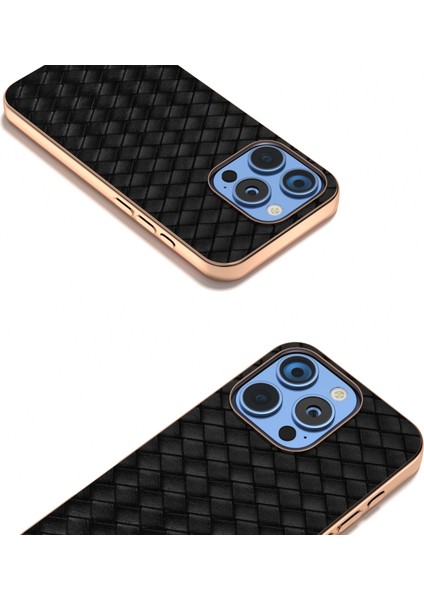 iPhone 16 Pro Kılıf Dokuma Dokulu Galvanik Kenar Deri Kaplamalı Pc+Tpu Telefon Kılıfı-Siyah (Yurt Dışından) modelleri