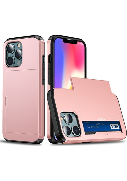 iPhone 13 Mini 5.4 Inç Için Slide Kart Tutucu Düşmeye Karşı Koruyucu Pc+Tpu Hibrit Arka Telefon Kılıfı-Gül Altını (Yurt Dışından)