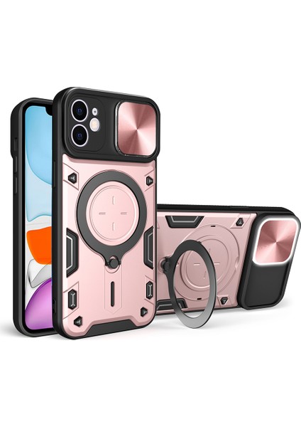 iPhone 11 Için Kayar Kamera Kapağı Düşmeye Lı Pc+Tpu Telefon Kılıfı Döndürülebilir Destekli-Pembe (Yurt Dışından)
