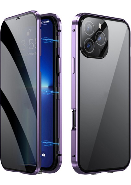 iPhone 16 Pro Kılıf Anti-Casus Çift Taraflı Temperli Cam + Manyetik Metal Çerçeve Telefon Kılıfı-Mor (Yurt Dışından)