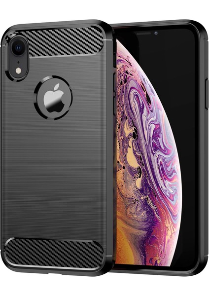 iPhone Xr 6.1 Inç Düşmeye Esnek Tpu Telefon Arka Kapağı Fırçalanmış Karbon Fiber Doku Cep Telefonu Kılıfı-Siyah (Yurt Dışından)
