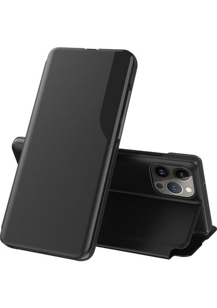 iPhone 15 Pro Için Flip Stand Pu Deri Telefon Kılıfı Görünüm Penceresi Tam Koruma Telefon Kılıfı-Siyah (Yurt Dışından)
