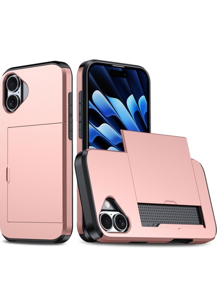 iPhone 16 Kılıfı Çift Katmanlı Tpu+Pc Telefon Kılıfı Kayar Kart Yuvası Ile-Gül Altını (Yurt Dışından)