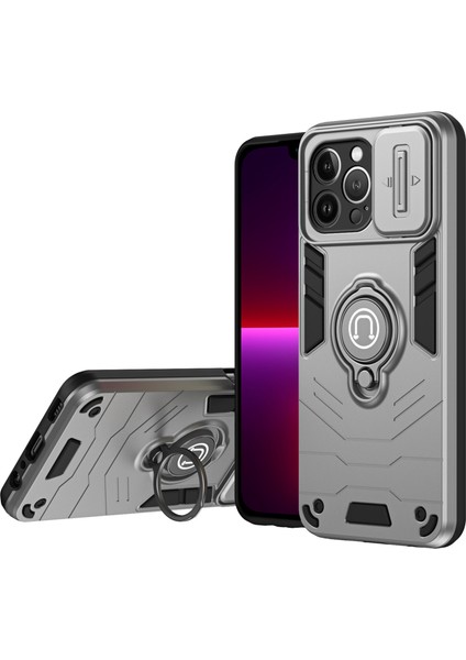 iPhone 13 Pro Max Kickstand Kılıf Pc+Tpu Telefon Kabuğu Kayar Lens Kapağı-Gri (Yurt Dışından)