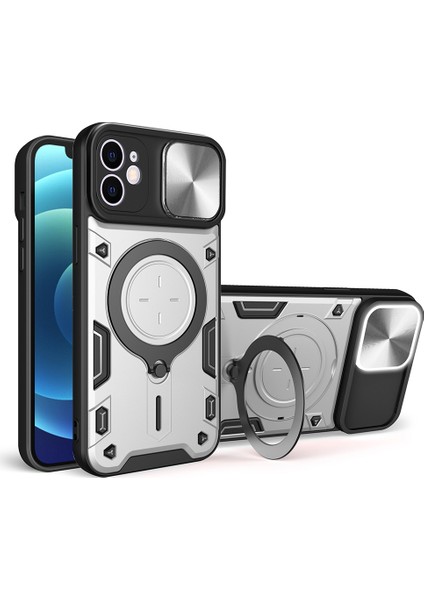 iPhone 12 6.1 Inç Sürgülü Kamera Kapağı Telefon Kılıfı Döndürülebilir Ayaklı Pc + Tpu Darbeye Dayanıklı Kapak-Gümüş (Yurt Dışından)