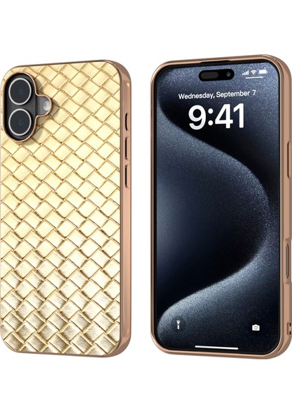 iPhone 16 Kılıf Dokuma Doku Elektrokaplama Kenar Deri Kaplamalı Pc+Tpu Telefon Kılıfı-Altın (Yurt Dışından)
