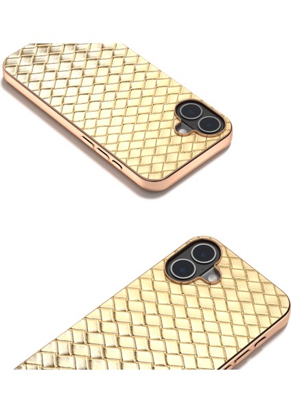 iPhone 16 Kılıf Dokuma Doku Elektrokaplama Kenar Deri Kaplamalı Pc+Tpu Telefon Kılıfı-Altın (Yurt Dışından) modelleri