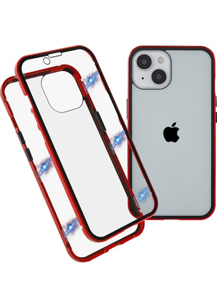 iPhone 14 Plus Için Her Yönüyle Koruma Metal Tampon + Çift Taraflı Temperli Cam Aşınmaya Karşı Manyetik Telefon Kılıfı - Kırmızı (Yurt Dışından)