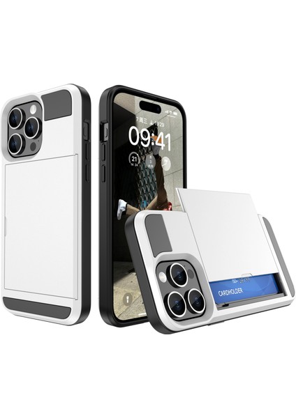 iPhone 15 Için Pc+Tpu Telefon Kılıfı, Kayar Kart Tutucu Çizilmez Arka Kılıf-Beyaz (Yurt Dışından)