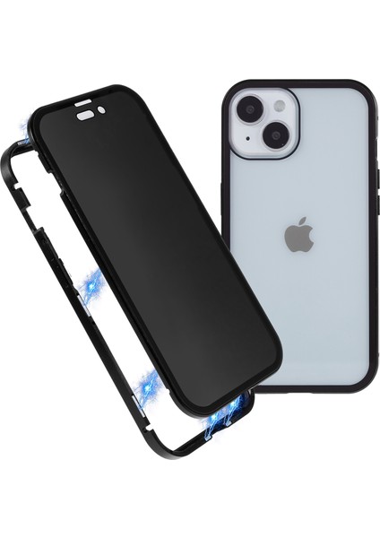 iPhone 15 Plus Anti-Casus Telefon Kılıfı Manyetik Adsorpsiyon Metal Çerçeve + Çift Taraflı Temperli Cam Darbeye Dayanıklı Kapak - Siyah (Yurt Dışından)
