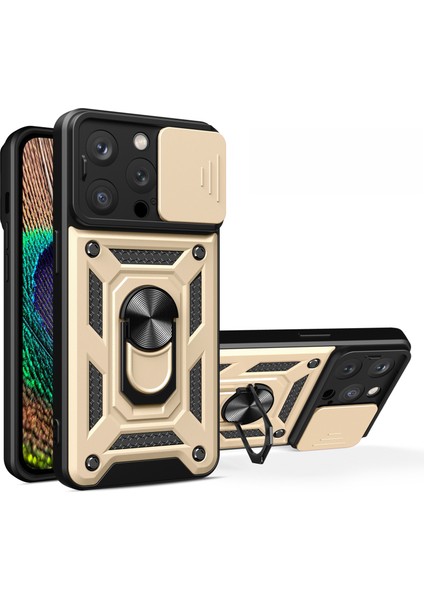 iPhone 15 Pro Max Kamera Lens Kaydırak Tasarım Telefon Kılıfı Pc+Tpu Kickstand Kapak-Altın (Yurt Dışından)
