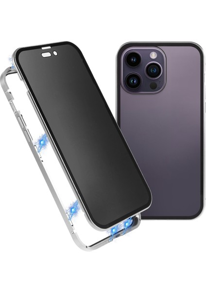 iPhone 16 Pro Anti-Casus Kılıf Manyetik Metal Çerçeve + Çift Taraflı Temperli Cam Telefon Kılıfı - Gümüş (Yurt Dışından)