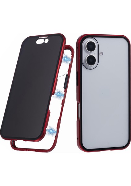 iPhone 16 Anti-Casus Kılıf Manyetik Metal Çerçeve + Çift Taraflı Temperli Cam Telefon Kılıfı - Kırmızı (Yurt Dışından)