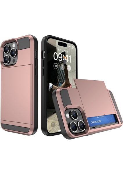iPhone 15 Için Pc+Tpu Telefon Kılıfı, Kayar Kart Tutucu Çizilmez Arka Kılıf-Gül Altını (Yurt Dışından)