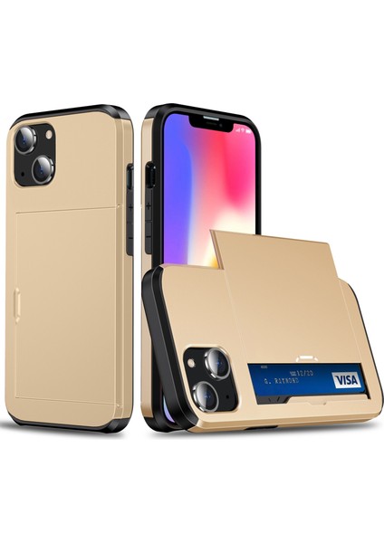 iPhone 14 Plus 6.7 Inç Için Kart Tutucu Telefon Kılıfı, Tpu + Pc Çift Katmanlı Koruyucu Kılıf-Altın (Yurt Dışından)