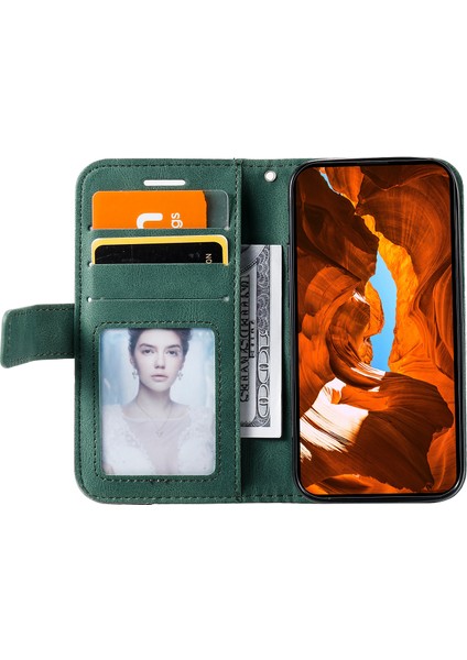 iPhone 14 Cüzdan Kılıf Eklemeli Deri Standlı Telefon Kılıfı El Kayışı Ile-Yeşil (Yurt Dışından) fiyatları