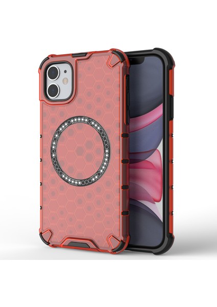 iPhone 11 Kılıfı Için Magsafe Honeycomb Tasarım Tpu+Pc Telefon Kılıfı-Kırmızı ile Uyumlu (Yurt Dışından)