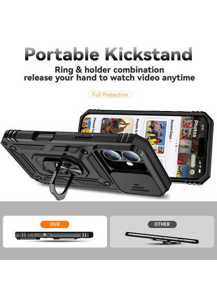 iPhone 16 Kılıf Halka Tutucu Kickstand Camshield Pc+Tpu Telefon Kılıfı-Siyah (Yurt Dışından) modelleri