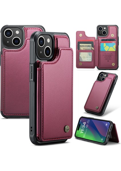 iPhone 15 Plus Telefon Kılıfı Caseme C22 Deri Arka Kapak Rfıd Engelleme Kart Yuvaları Ile-Kırmızı (Yurt Dışından)