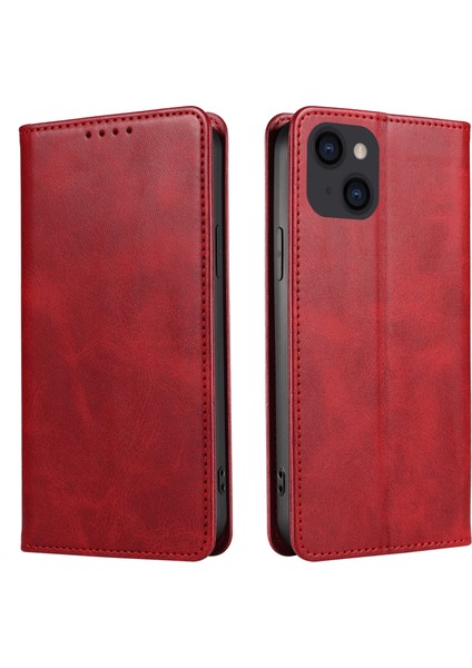 iPhone 14 Plus Cüzdan Telefon Kılıfı Dana Dokusu Otomatik Emilen Manyetik Deri Stand Telefon Kılıfı-Kırmızı (Yurt Dışından)