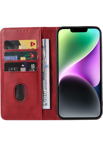 iPhone 14 Plus Cüzdan Telefon Kılıfı Dana Dokusu Otomatik Emilen Manyetik Deri Stand Telefon Kılıfı-Kırmızı (Yurt Dışından) fiyatları