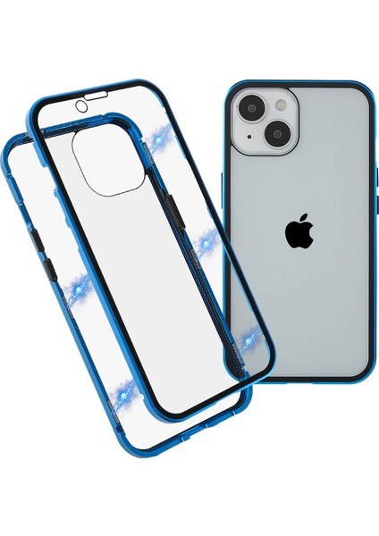 iPhone 14 Plus Için Her Yönüyle Koruma Metal Tampon + Çift Taraflı Temperli Cam Aşınmaya Karşı Manyetik Telefon Kılıfı - Mavi (Yurt Dışından)