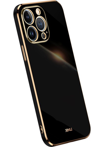 Xınlı iPhone 15 Pro Max Galvanik Altın Kenar Kapak Düşmeye Karşı Tpu Telefon Kılıfı-Siyah (Yurt Dışından)