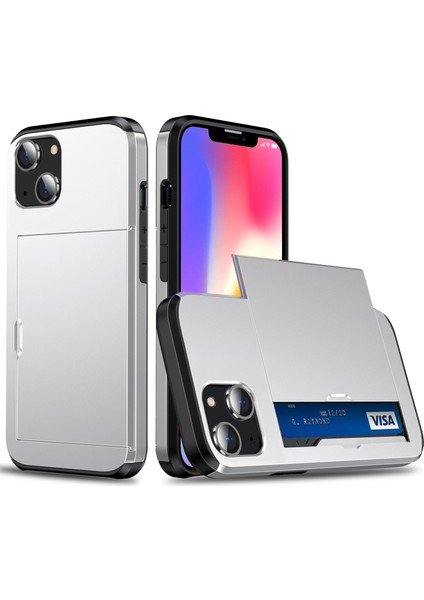iPhone 14 Plus 6.7 Inç Için Kart Tutucu Telefon Kılıfı, Tpu + Pc Çift Katmanlı Koruyucu Kapak-Gümüş (Yurt Dışından)
