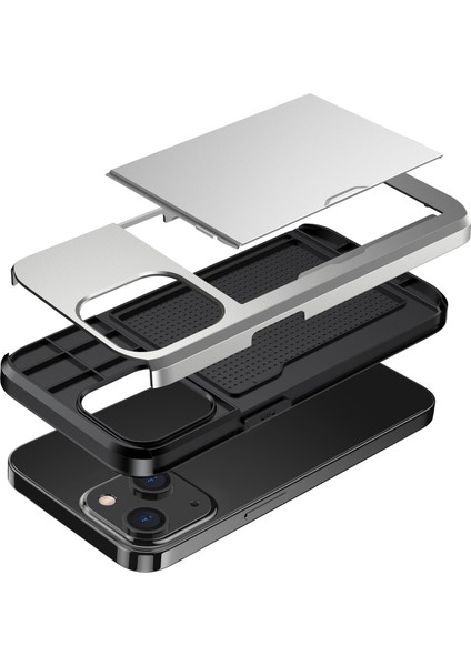 iPhone 14 Plus 6.7 Inç Için Kart Tutucu Telefon Kılıfı, Tpu + Pc Çift Katmanlı Koruyucu Kapak-Gümüş (Yurt Dışından) modelleri