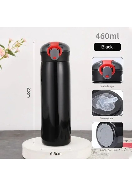 Taşınabilir Çocuk Termos Kupa Saman Paslanmaz Çelik Karikatür Vakum Şişeler Çocuklar Çocuk Sevimli Termal Su Şişesi Tumbler Termokup Kapaklığı: 460ML/RENK: Siyah (Yurt Dışından)