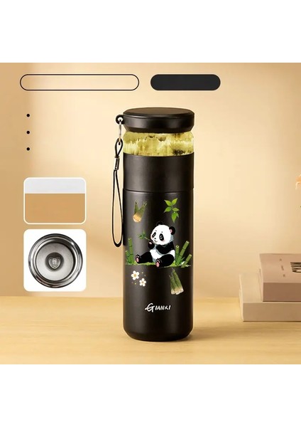 Gianxi 480ML Paslanmaz Çelik Termo Şişe Ev ve Mutfak Su Şişesi Içki Taşınabilir Panda Panda Desen Kahve Kupası Filtre Kapasitesi: 480ML/RENK: Siyah 316 A (Yurt Dışından)