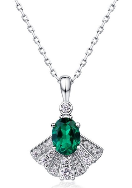 Sınır Ötesi Yeni Stil Küçük Etek Yelpaze Şeklinde Parlak Kolye S925 Gümüş Yetiştirilmiş Zümrüt Retro Köprücük Kemiği Zinciri Avrupa ve Amerikan Hafif Lüks (Yurt Dışından)