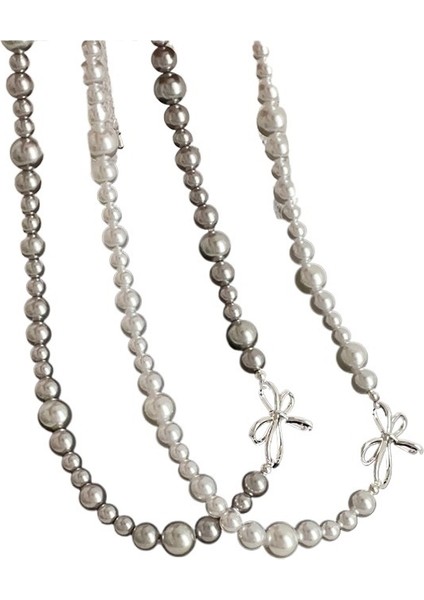 Kadınlar Için Fransız Retro Fiyonk Degrade Inci Kolye Niş Tasarım Kişilik Çok Yönlü Kolye Köprücük Kemiği Zinciri (Yurt Dışından)