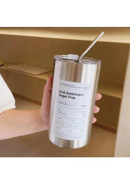 Termos Kupası Taşınabilir 304 Paslanmaz Çelik Kahve Kupası Saman Yalıtılmış Şişe Içkisi ile Termal Sızıntı Koşullu Su Şişesi: Paslanmaz Çelik 600ML (Yurt Dışından)